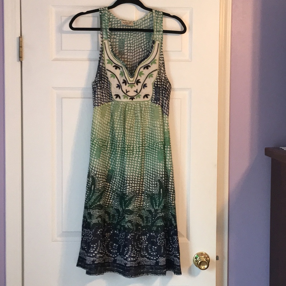 One world dress size medium blue green cream print